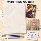 Iris Reverie paint by numbers kit showing numbered canvas, paint pots, three brushes, color reference and guide