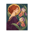 A red-haired woman in profile beside purple irises in an Art Nouveau-inspired floral composition - portrait paint by numbers artwork