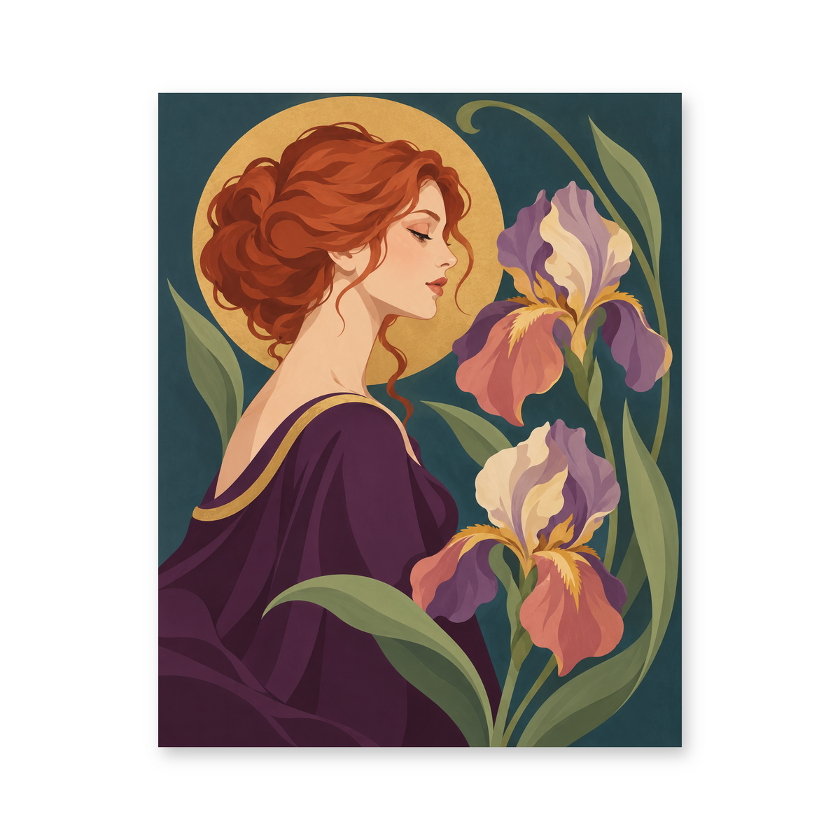 A red-haired woman in profile beside purple irises in an Art Nouveau-inspired floral composition - portrait paint by numbers artwork