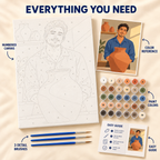 Clay and Sunshine paint by numbers kit showing numbered canvas, paint pots, three brushes, color reference and guide
