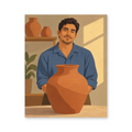 A smiling man in a blue shirt holding a large terracotta vessel in a sunlit pottery studio - portrait paint by numbers artwork