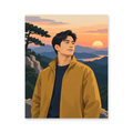 A young man in a mustard jacket gazing toward distant mountains beneath a warm sunset sky - portrait paint by numbers artwork