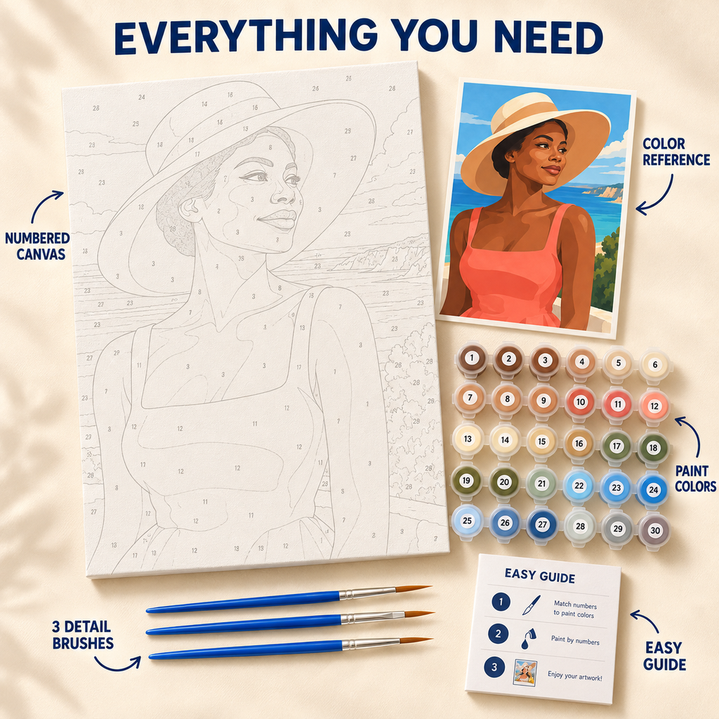 Seaside Sunhat paint by numbers kit showing numbered canvas, paint pots, three brushes, color reference and guide
