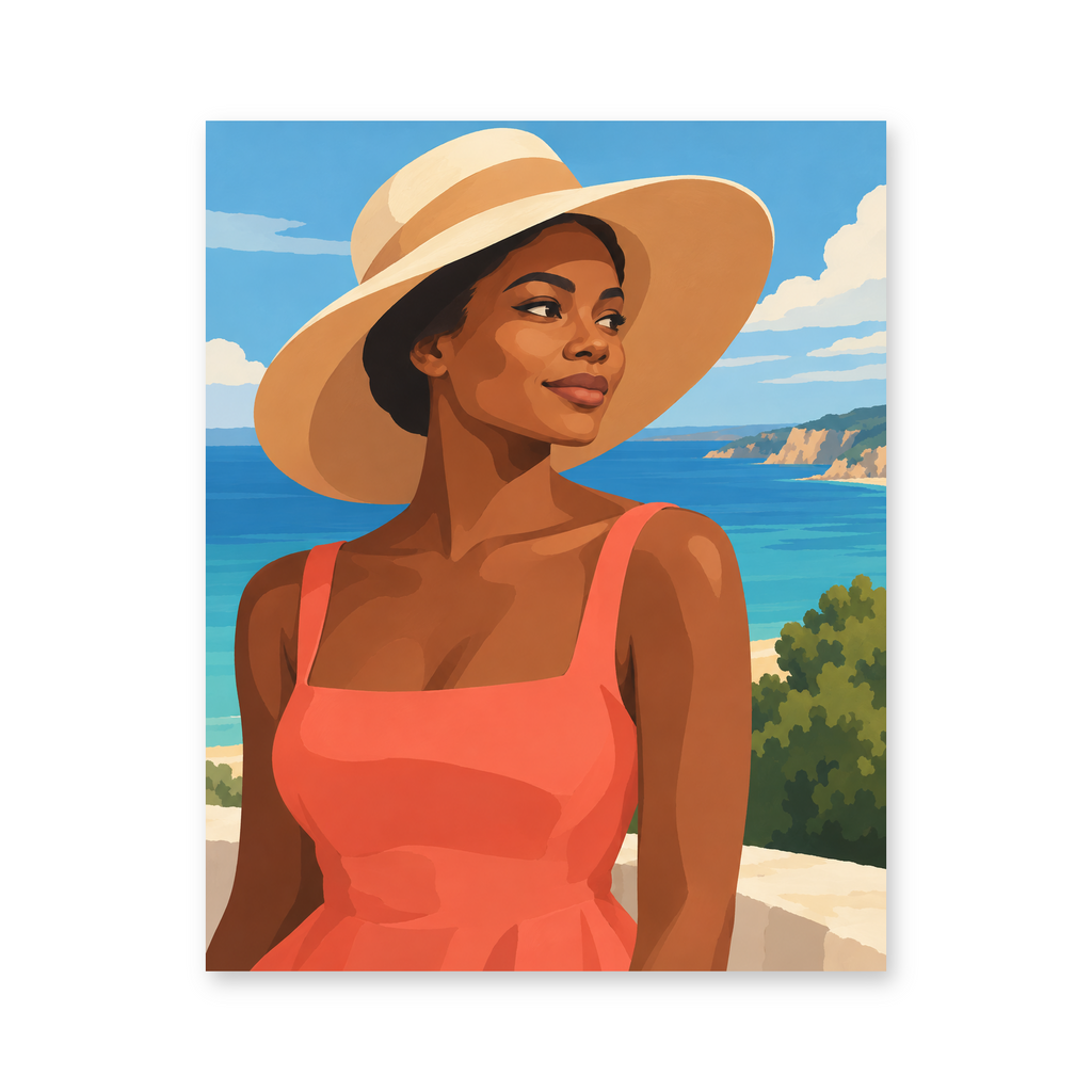 A woman wearing a broad white sunhat and coral dress beside a turquoise sea - portrait paint by numbers artwork