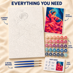 Flamenco Flame paint by numbers kit showing numbered canvas, paint pots, three brushes, color reference and guide