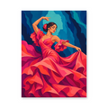 A dancer lifting a flowing red and pink ruffled dress against a deep blue stage backdrop - portrait paint by numbers artwork