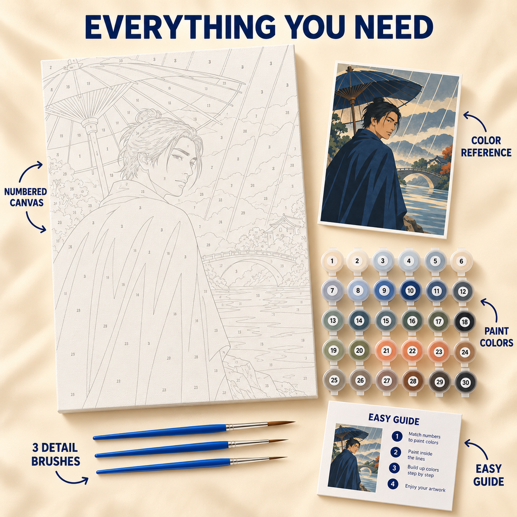 Rainy River paint by numbers kit showing numbered canvas, paint pots, three brushes, color reference and guide