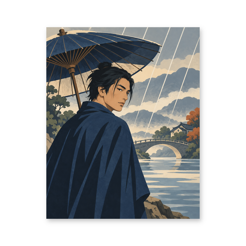 A man in a dark robe holding a paper umbrella beside a river and arched bridge in the rain - portrait paint by numbers artwork