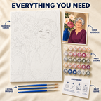 Rose Grace paint by numbers kit showing numbered canvas, paint pots, three brushes, color reference and guide