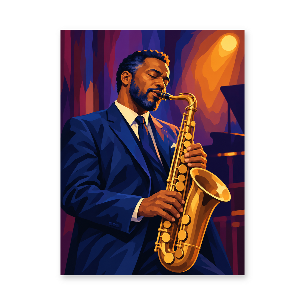 A saxophonist in a blue suit performing under warm amber stage lighting - portrait paint by numbers artwork