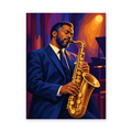 A saxophonist in a blue suit performing under warm amber stage lighting - portrait paint by numbers artwork