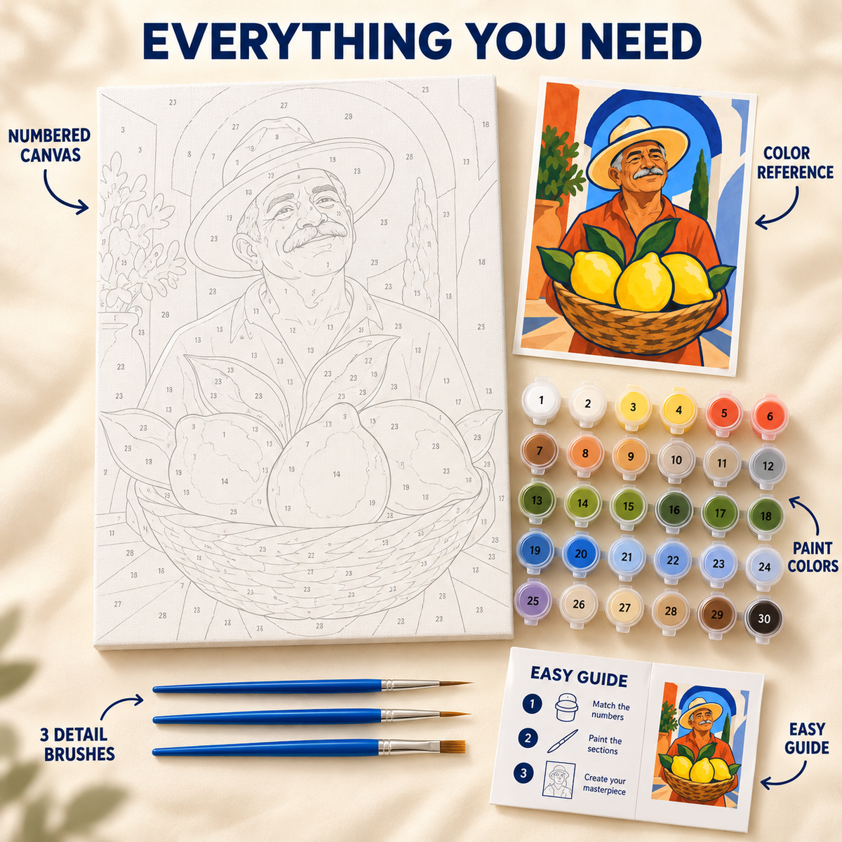 Lemon Harvest paint by numbers kit showing numbered canvas, paint pots, three brushes, color reference and guide