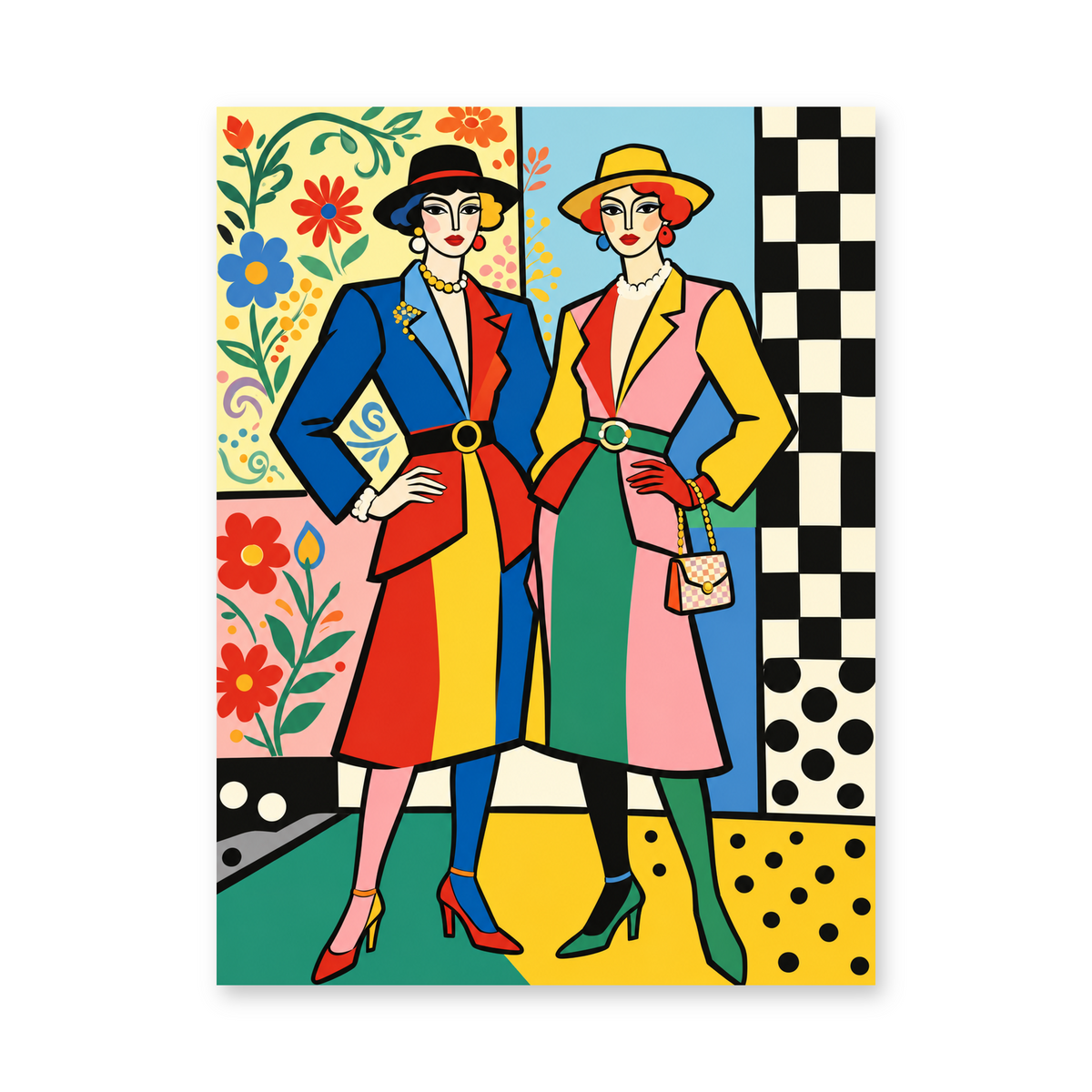 Two women in colorful coats and hats among bright flowers and bold geometric patterns - portrait paint by numbers artwork