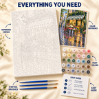 Rainy Flower Shop paint by numbers kit showing numbered canvas, paint pots, three detail brushes, color reference and painting guide