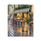 A flower shop with a striped green awning, a red bicycle and warm lights reflected on a rain-soaked cobbled street - paint by numbers artwork on a white background