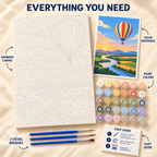 Sunrise Balloon paint by numbers kit showing numbered canvas, paint pots, three detail brushes, color reference and painting guide