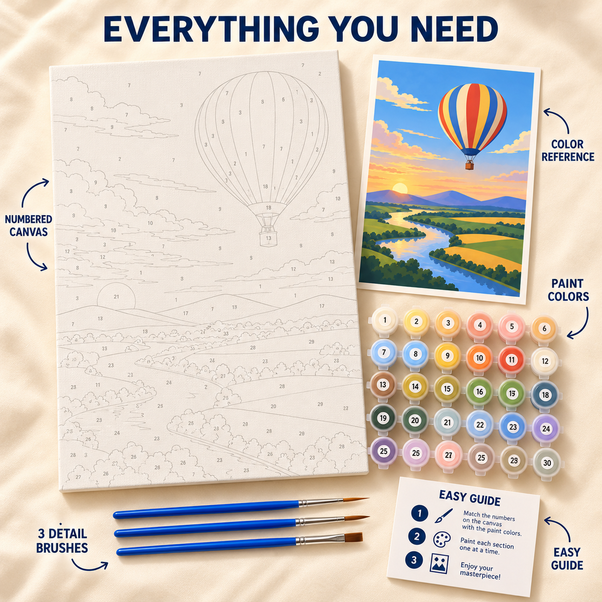 Sunrise Balloon paint by numbers kit showing numbered canvas, paint pots, three detail brushes, color reference and painting guide