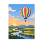A colorful hot-air balloon above winding river bends, green farmland and distant hills at sunrise - paint by numbers artwork on a white background