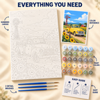 Sunflower Pickup paint by numbers kit showing numbered canvas, paint pots, three detail brushes, color reference and painting guide