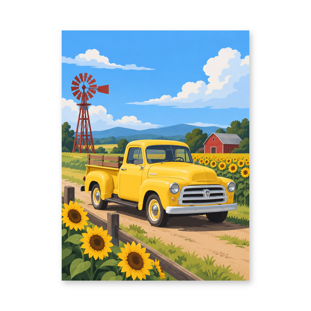 A yellow vintage pickup beside sunflower fields, a red barn and a rustic windmill with distant hills - paint by numbers artwork on a white background