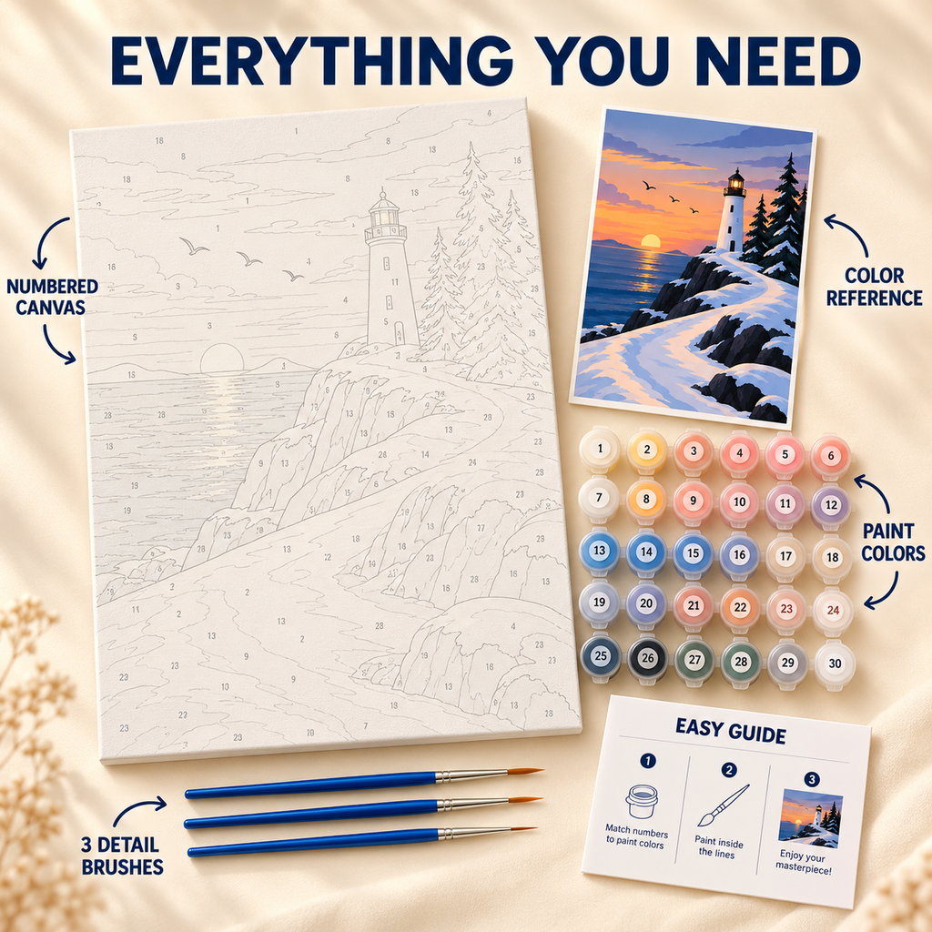 Winter Lighthouse paint by numbers kit showing numbered canvas, paint pots, three detail brushes, color reference and painting guide