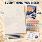 Winter Lighthouse paint by numbers kit showing numbered canvas, paint pots, three detail brushes, color reference and painting guide