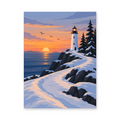 A white lighthouse on a snowy rocky headland overlooking the sea at sunset - paint by numbers artwork on a white background