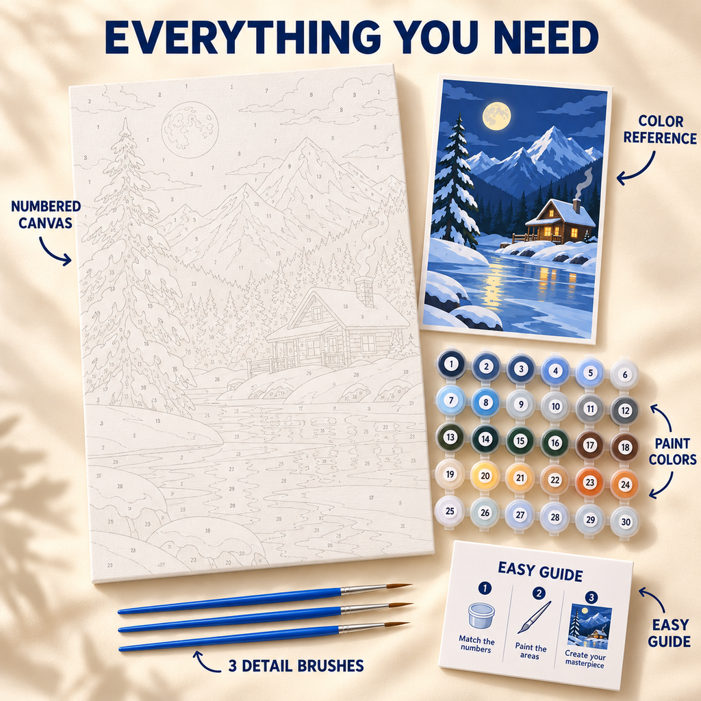 Moonlit Alpine Cabin paint by numbers kit showing numbered canvas, paint pots, three detail brushes, color reference and painting guide