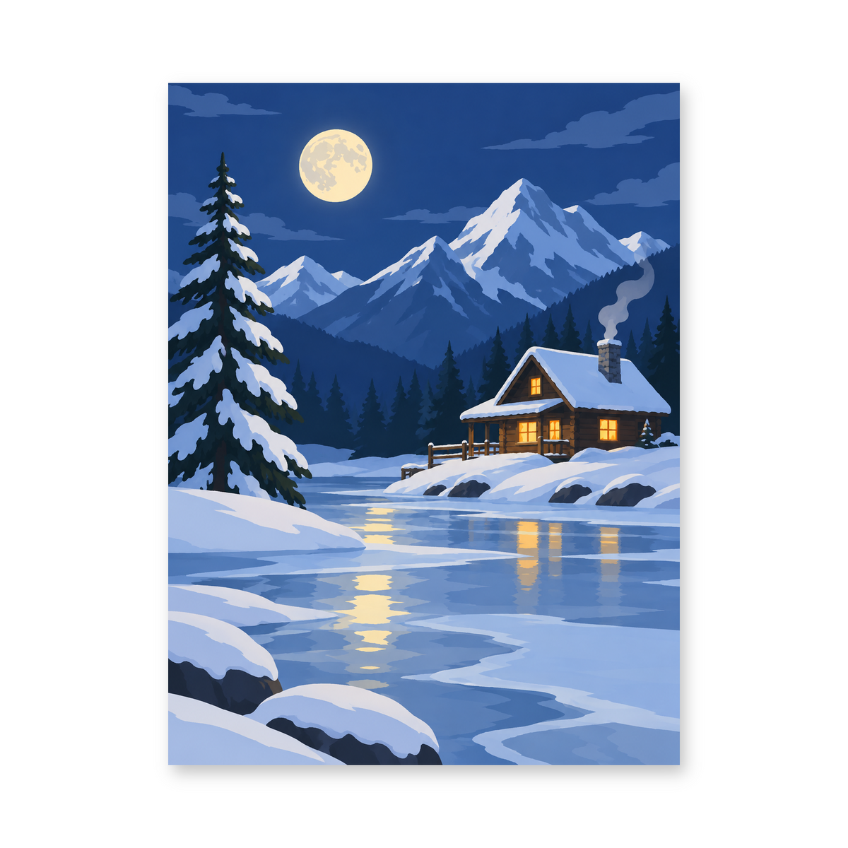 A warmly lit cabin beside a frozen river beneath snow-covered mountains and a full moon - paint by numbers artwork on a white background