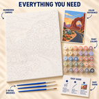 Desert Road Trip paint by numbers kit showing numbered canvas, paint pots, three detail brushes, color reference and painting guide