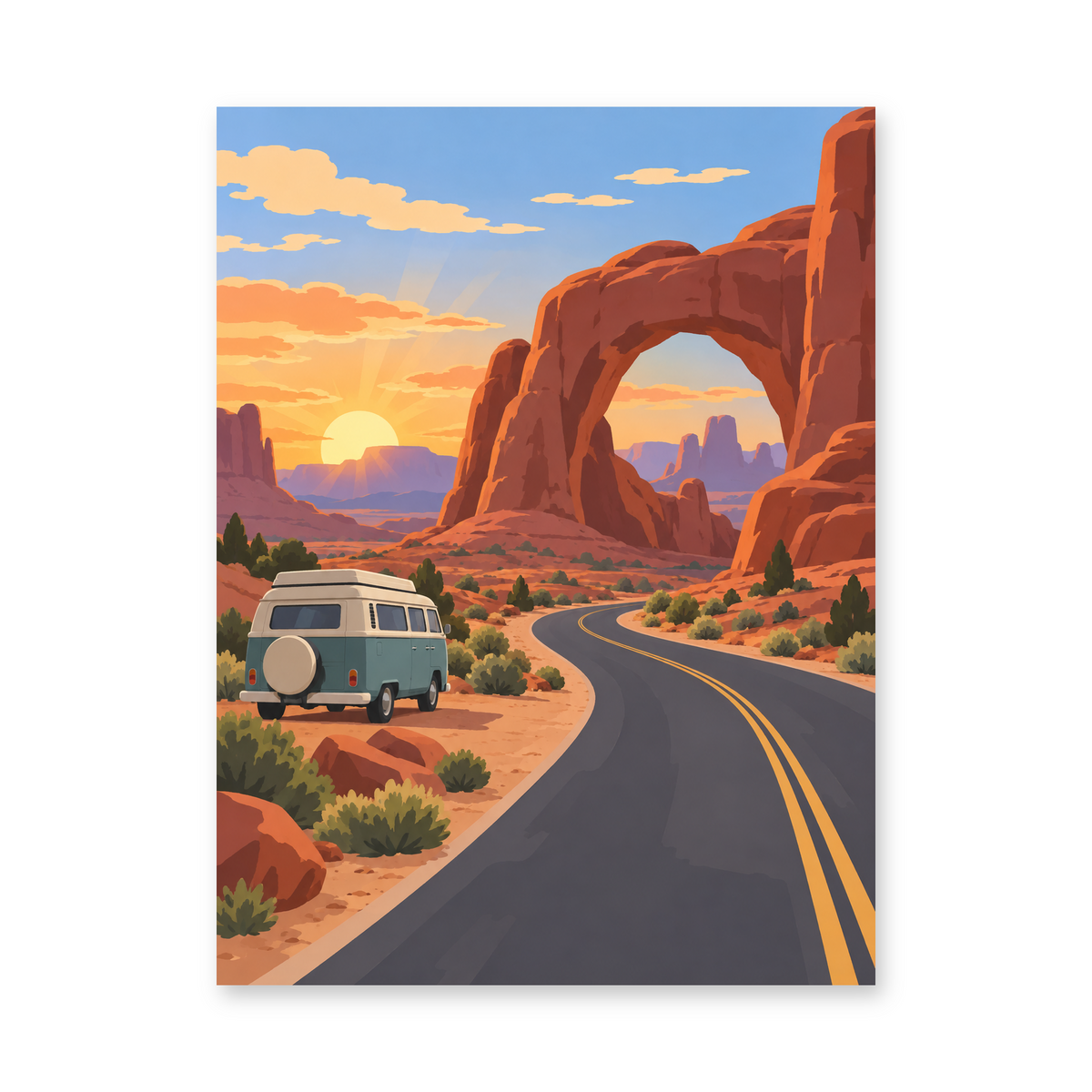 A camper van on a winding desert road below a sandstone arch at sunset - paint by numbers artwork on a white background