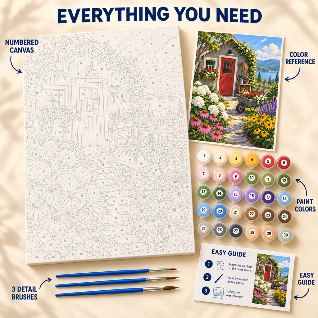Garden Shed Retreat paint by numbers kit showing numbered canvas, paint pots, three detail brushes, color reference and painting guide