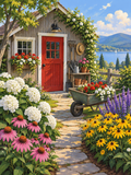 A small garden shed with a red door, wheelbarrow and abundant flowers overlooking a lake and distant hills - paint by numbers artwork