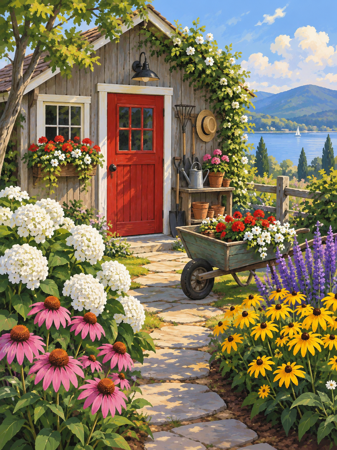 A small garden shed with a red door, wheelbarrow and abundant flowers overlooking a lake and distant hills - paint by numbers artwork