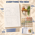 Copper and Pears paint by numbers kit showing numbered canvas, paint pots, three detail brushes, color reference and painting guide