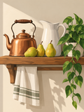 A copper kettle, white pitcher and three green pears on a wooden shelf with trailing ivy - paint by numbers artwork