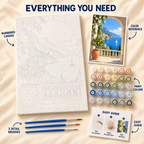 Amalfi Archway paint by numbers kit showing numbered canvas, paint pots, three detail brushes, color reference and painting guide