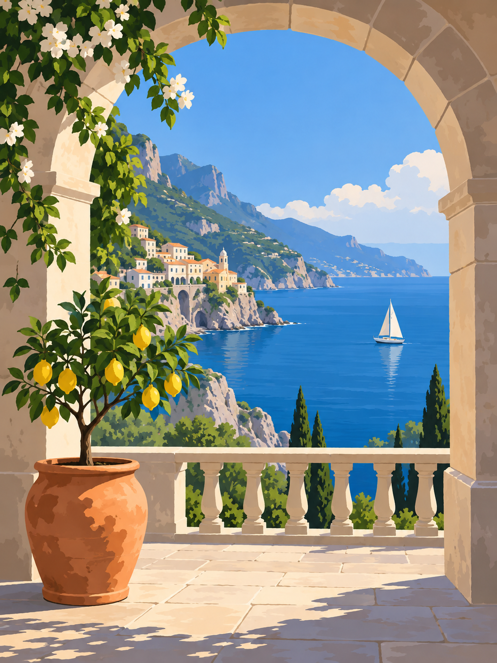 A lemon tree beside a stone arch framing a blue Mediterranean bay, a sailboat and distant coastal mountains - paint by numbers artwork