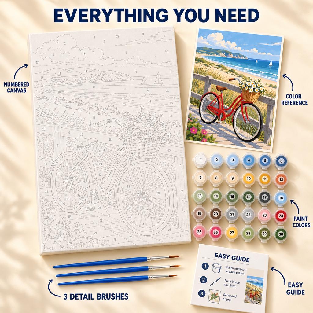 Dune Bicycle paint by numbers kit showing numbered canvas, paint pots, three detail brushes, color reference and painting guide
