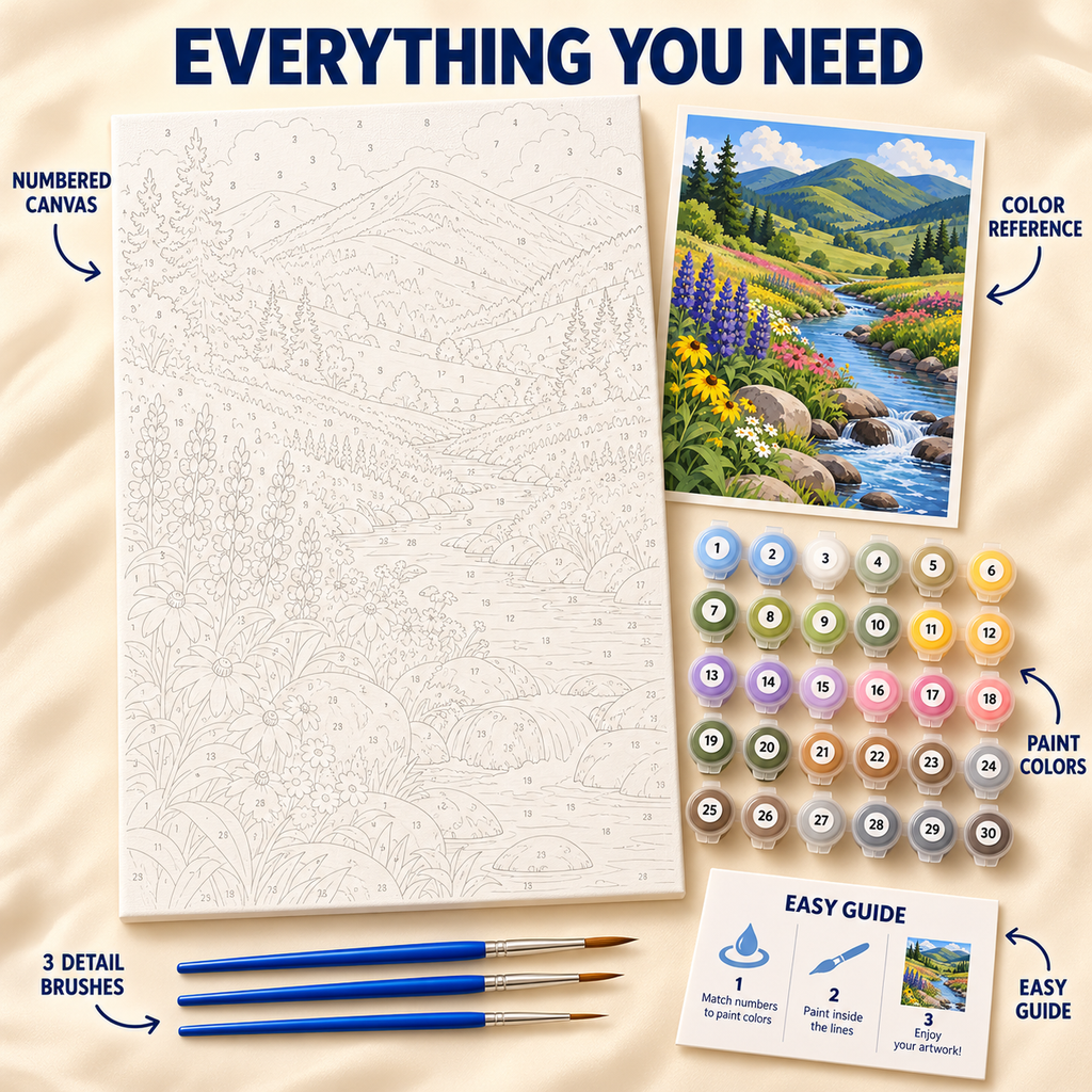 Wildflower Stream paint by numbers kit showing numbered canvas, paint pots, three detail brushes, color reference and painting guide