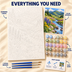 Wildflower Stream paint by numbers kit showing numbered canvas, paint pots, three detail brushes, color reference and painting guide