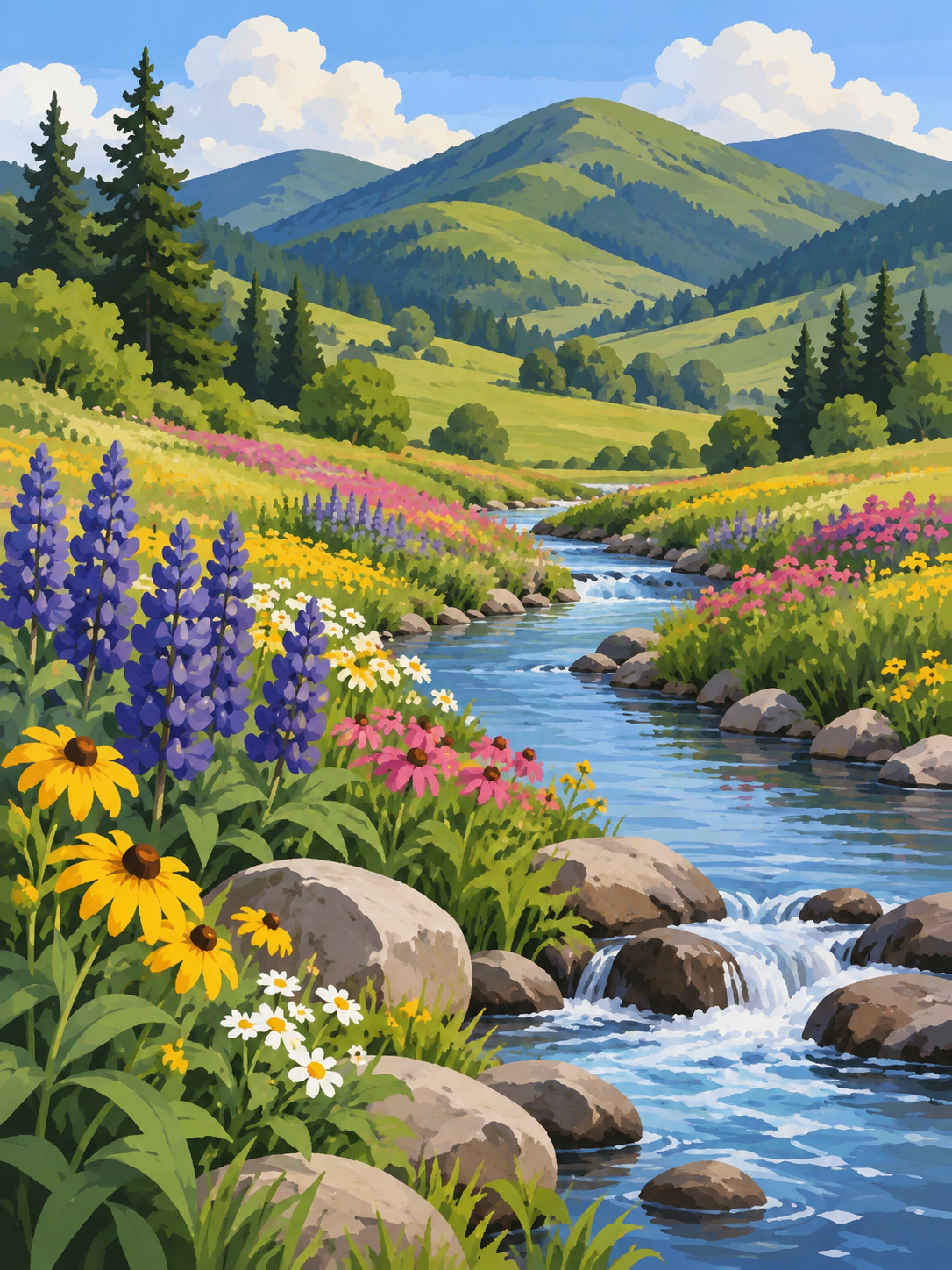 A clear stream winding between colorful wildflowers and green mountain slopes - paint by numbers artwork
