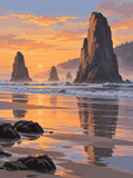 Tall coastal sea stacks reflected on wet sand beside gentle waves beneath a glowing sunset - paint by numbers artwork