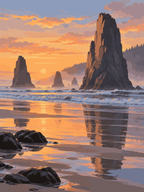 Tall coastal sea stacks reflected on wet sand beside gentle waves beneath a glowing sunset - paint by numbers artwork