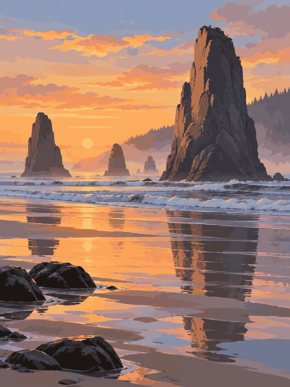 Tall coastal sea stacks reflected on wet sand beside gentle waves beneath a glowing sunset - paint by numbers artwork