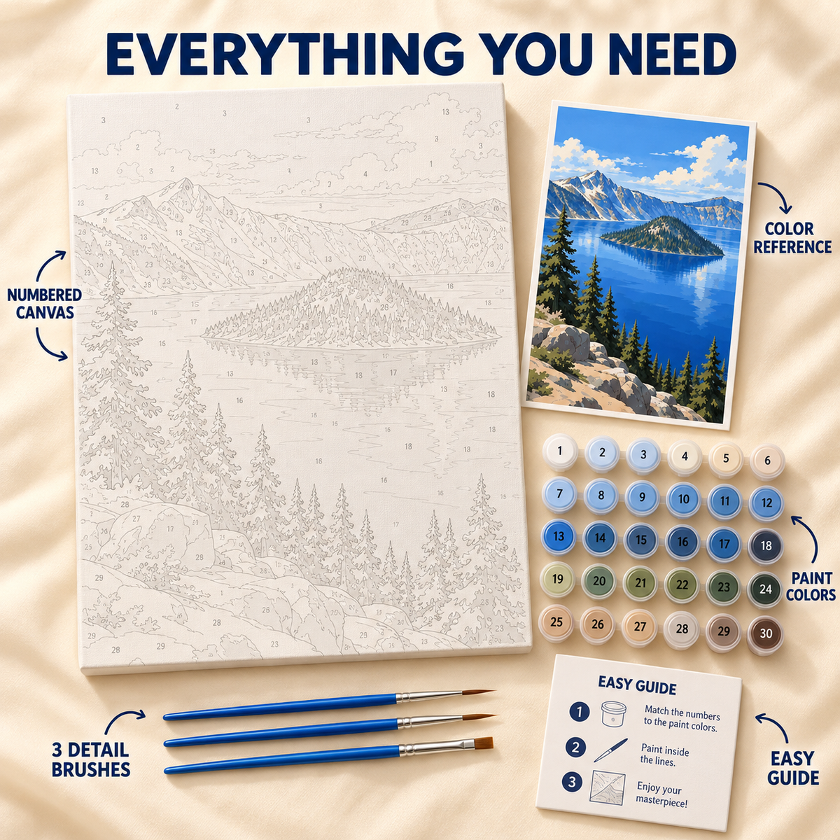 Crater Lake Blue paint by numbers kit showing numbered canvas, paint pots, three detail brushes, color reference and painting guide