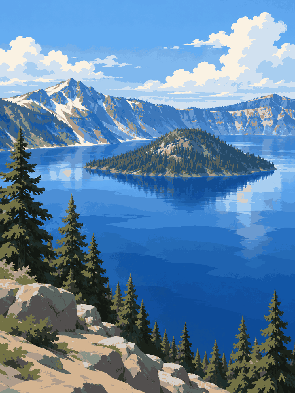 A forested island in a deep blue crater lake surrounded by mountain ridges and pine trees - paint by numbers artwork