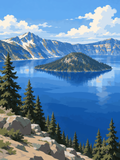 A forested island in a deep blue crater lake surrounded by mountain ridges and pine trees - paint by numbers artwork
