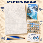 Glacier Lagoon paint by numbers kit showing numbered canvas, paint pots, three detail brushes, color reference and painting guide