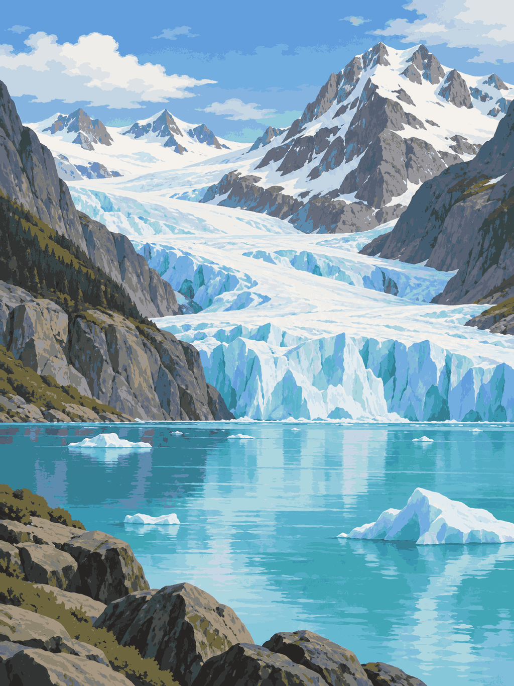 A blue glacier flowing between snowy mountains into a calm turquoise lagoon - paint by numbers artwork